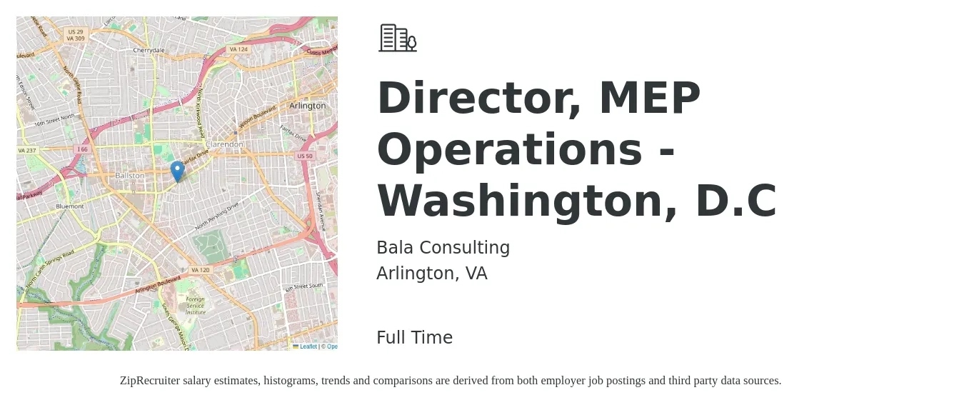 Bala Consulting job posting for a Director, MEP Operations - Washington, D.C in Arlington, VA with a salary of $86,300 to $154,800 Yearly with a map of Arlington location.