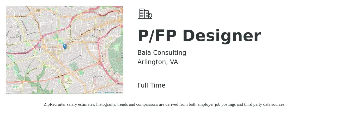 Bala Consulting job posting for a P/FP Designer in Arlington, VA with a salary of $66,300 to $124,600 Yearly with a map of Arlington location.