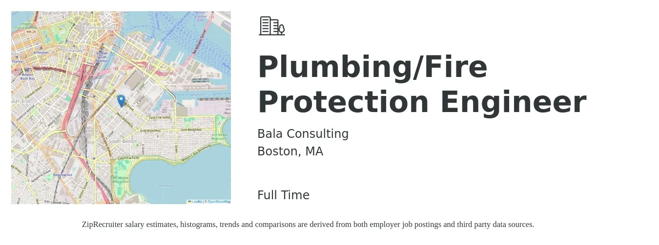 Bala Consulting job posting for a Plumbing/Fire Protection Engineer in Boston, MA with a salary of $92,600 to $116,600 Yearly with a map of Boston location.