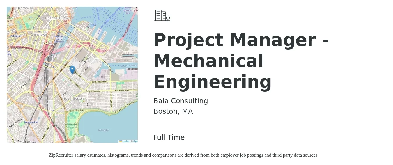 Bala Consulting job posting for a Project Manager - Mechanical Engineering in Boston, MA with a salary of $98,600 to $142,200 Yearly with a map of Boston location.