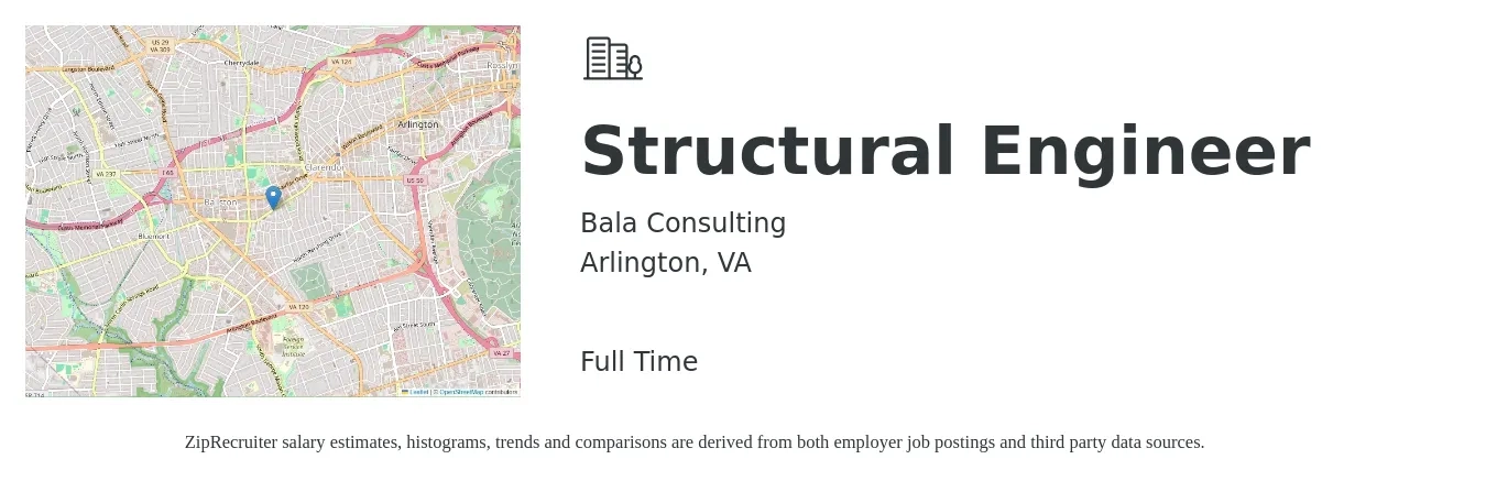 Bala Consulting job posting for a Structural Engineer in Arlington, VA with a salary of $91,400 to $129,100 Yearly with a map of Arlington location.