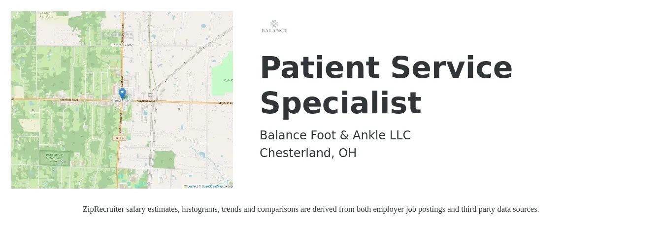 Balance Foot & Ankle LLC job posting for a Patient Service Specialist in Chesterland, OH with a salary of $17 to $19 Hourly with a map of Chesterland location.