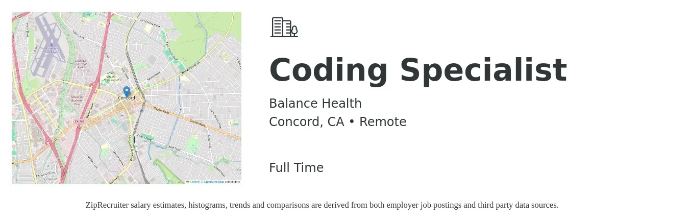 Balance Health job posting for a Coding Specialist in Concord, CA with a salary of $25 to $37 Hourly with a map of Concord location.
