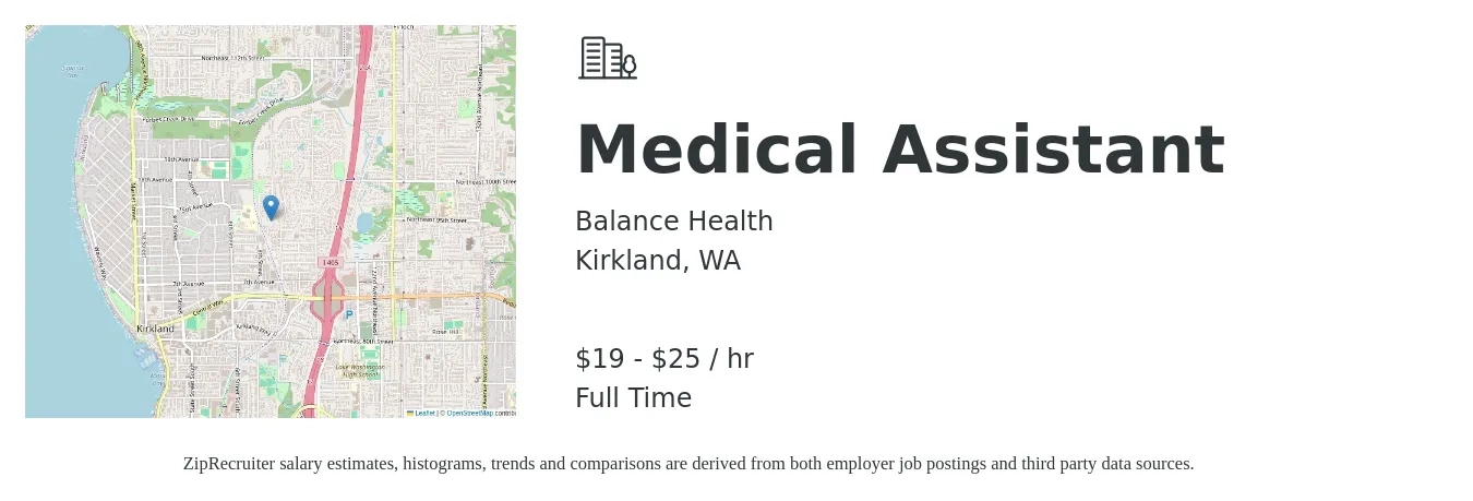 Balance Health job posting for a Medical Assistant in Kirkland, WA with a salary of $20 to $27 Hourly with a map of Kirkland location.