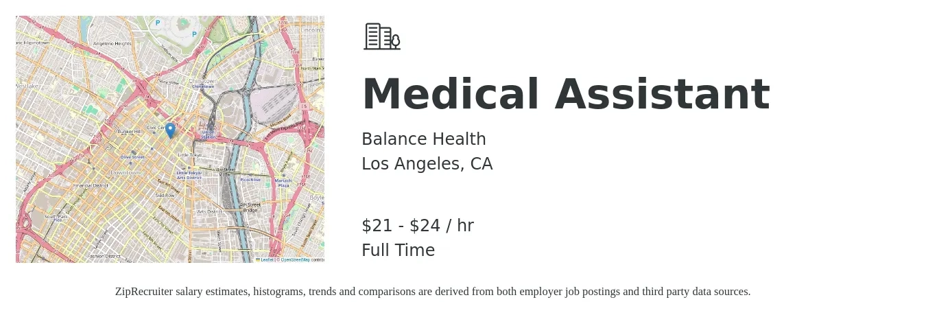 Balance Health job posting for a Medical Assistant in Los Angeles, CA with a salary of $22 to $25 Hourly with a map of Los Angeles location.