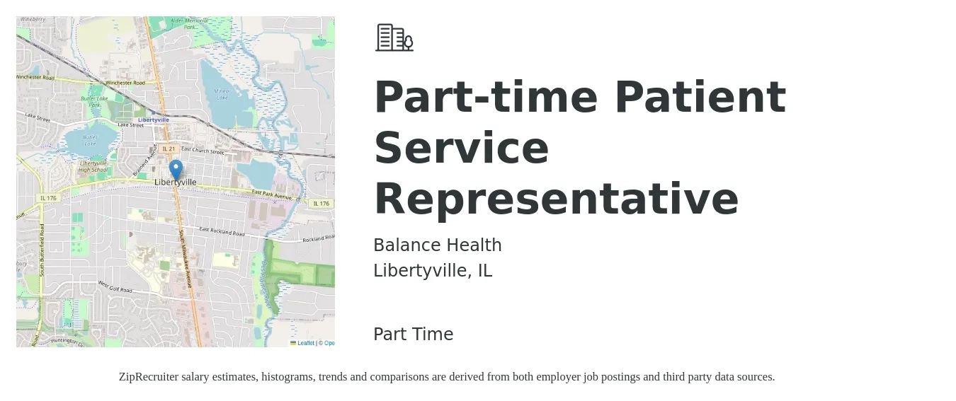 Balance Health job posting for a Part-time Patient Service Representative in Libertyville, IL with a salary of $17 to $22 Hourly with a map of Libertyville location.