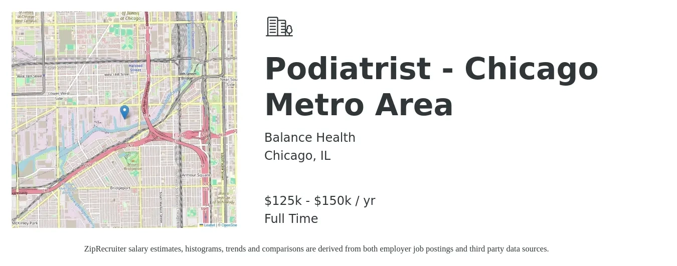 Balance Health job posting for a Podiatrist - Chicago Metro Area in Chicago, IL with a salary of $125,000 to $150,000 Yearly with a map of Chicago location.