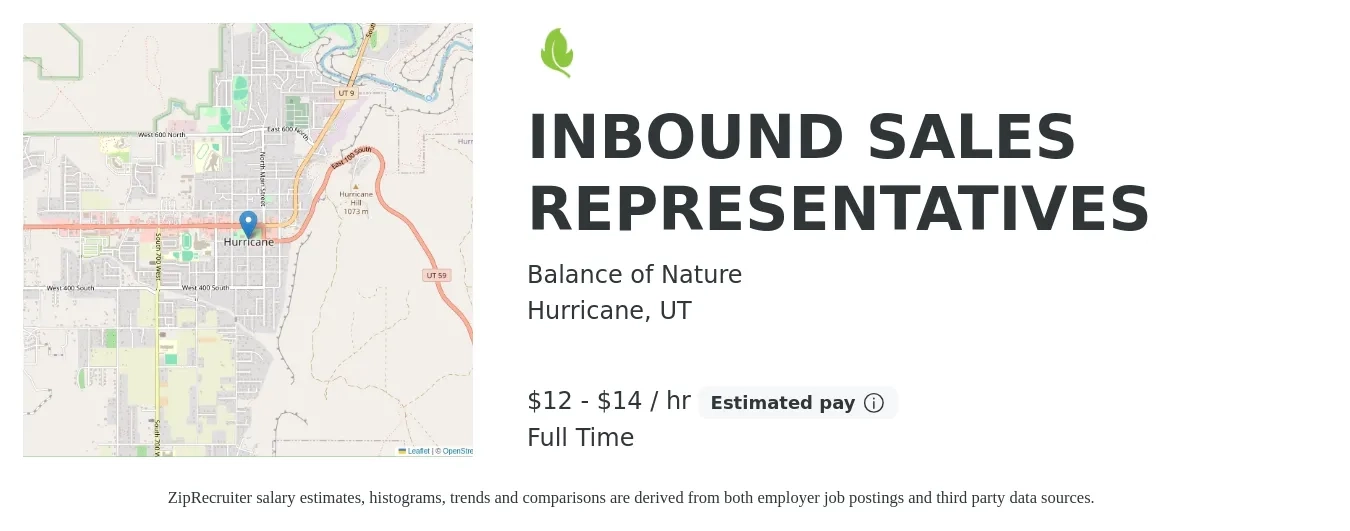 Balance of Nature job posting for a INBOUND SALES REPRESENTATIVES in Hurricane, UT with a salary of $13 to $15 Hourly with a map of Hurricane location.