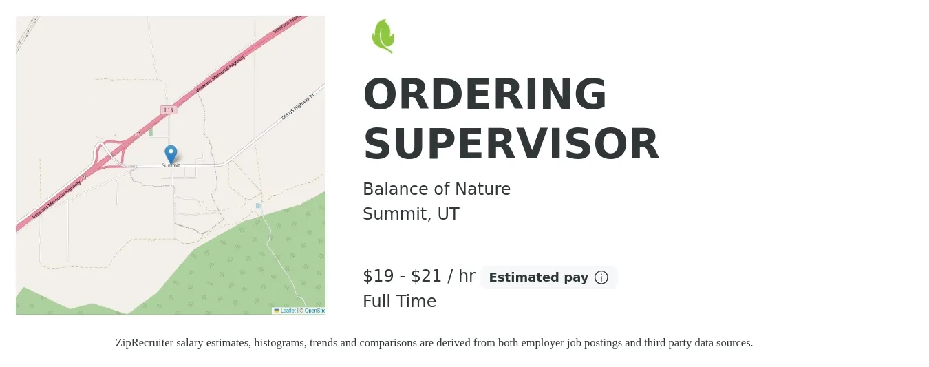 Balance of Nature job posting for a ORDERING SUPERVISOR in Summit, UT with a salary of $20 to $22 Hourly with a map of Summit location.