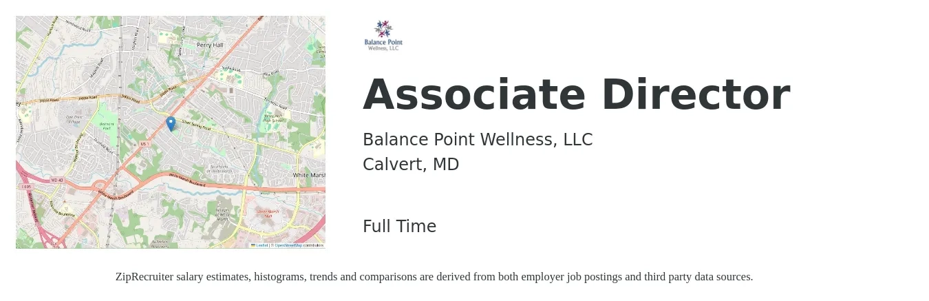 Balance Point Wellness, LLC job posting for a Associate Director in Calvert, MD with a salary of $113,900 to $187,500 Yearly with a map of Calvert location.