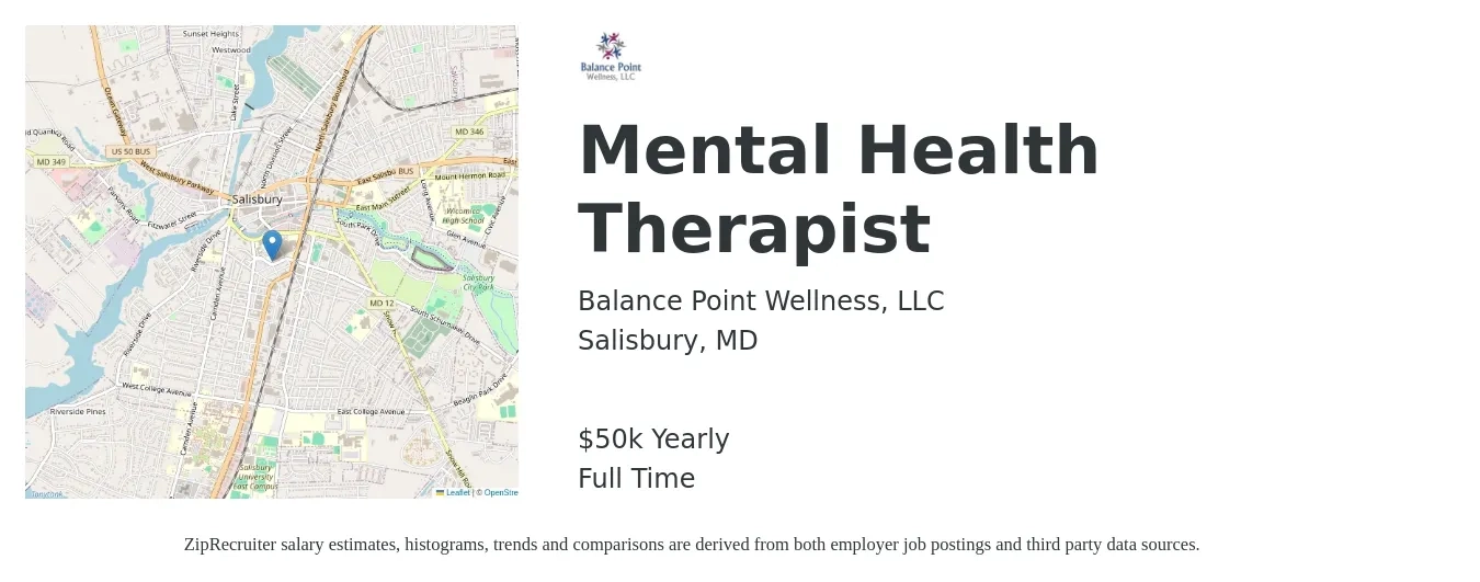 Balance Point Wellness, LLC job posting for a Mental Health Therapist in Salisbury, MD with a salary of $50,000 Yearly with a map of Salisbury location.