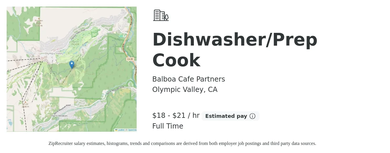 Balboa Cafe Partners job posting for a Dishwasher/Prep Cook in Olympic Valley, CA with a salary of $19 to $22 Hourly with a map of Olympic Valley location.