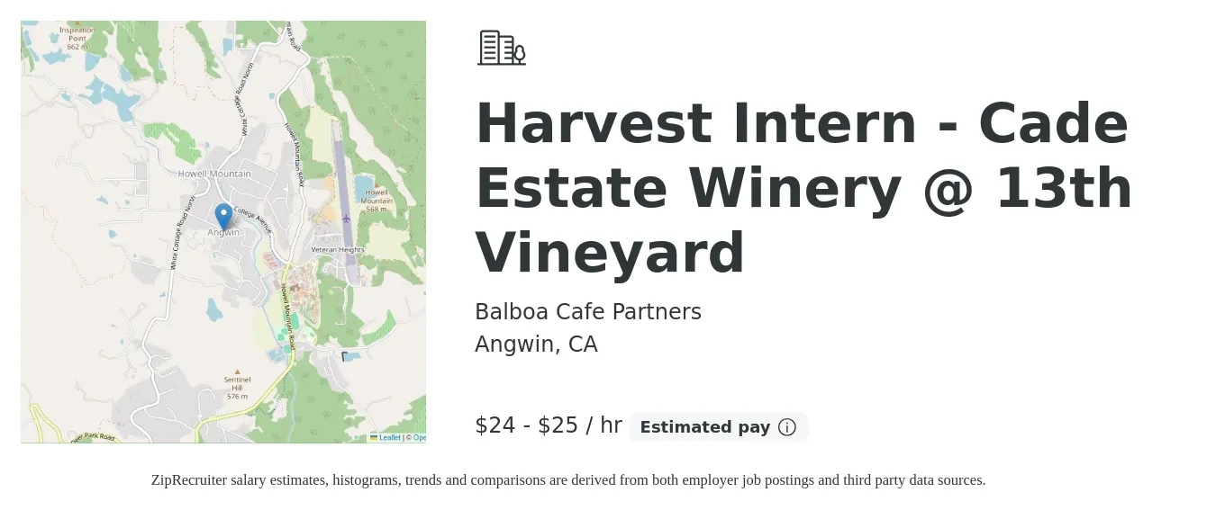 Balboa Cafe Partners job posting for a Harvest Intern - Cade Estate Winery @ 13th Vineyard in Angwin, CA with a salary of $25 to $26 Hourly with a map of Angwin location.