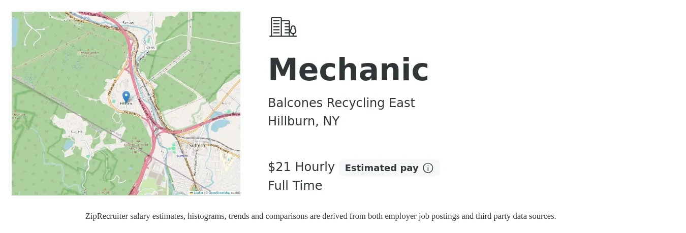 Balcones Recycling East job posting for a Mechanic in Hillburn, NY with a salary of $22 Hourly with a map of Hillburn location.