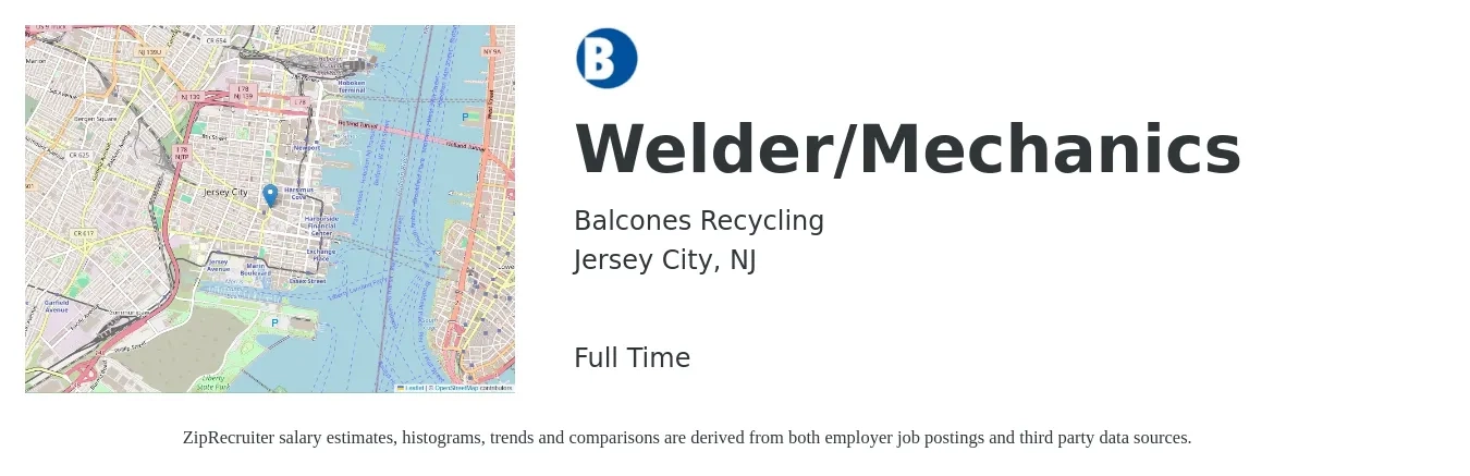 Balcones Recycling job posting for a Welder/Mechanics in Jersey City, NJ with a salary of $20 to $28 Hourly with a map of Jersey City location.