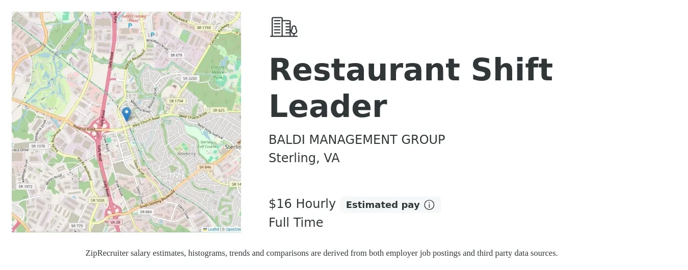 BALDI MANAGEMENT GROUP job posting for a Restaurant Shift Leader in Sterling, VA with a salary of $18 Hourly with a map of Sterling location.