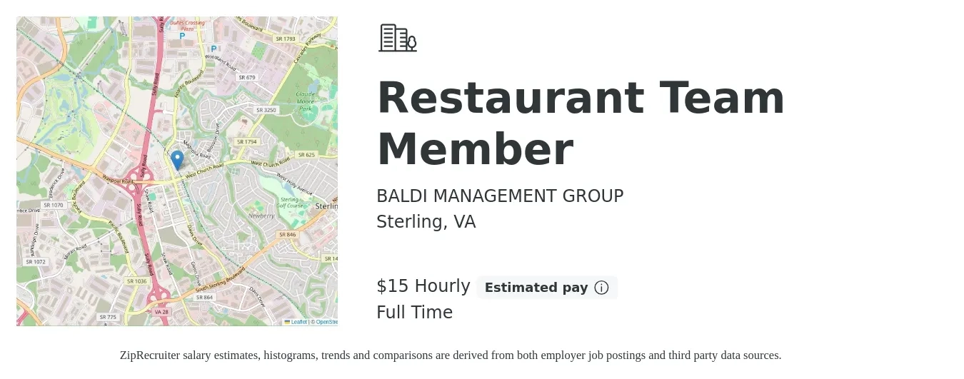 BALDI MANAGEMENT GROUP job posting for a Restaurant Team Member in Sterling, VA with a salary of $16 Hourly with a map of Sterling location.
