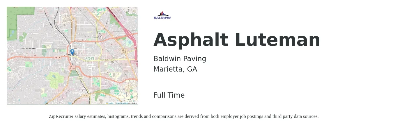 Baldwin Paving job posting for a Asphalt Luteman in Marietta, GA with a salary of $18 to $21 Hourly with a map of Marietta location.