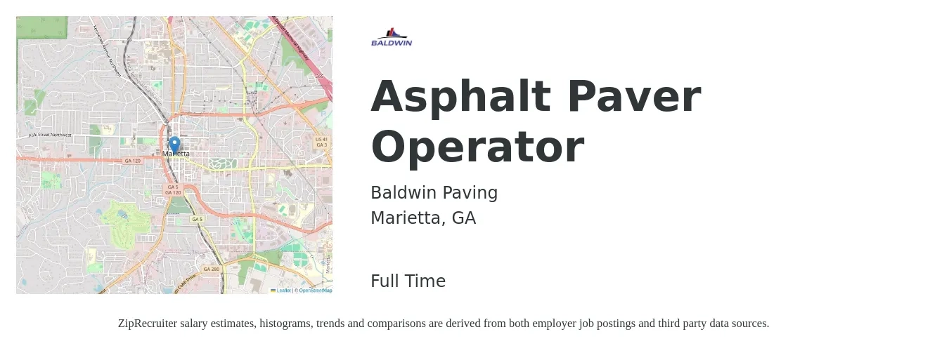 Baldwin Paving job posting for a Asphalt Paver Operator in Marietta, GA with a salary of $20 to $25 Hourly with a map of Marietta location.