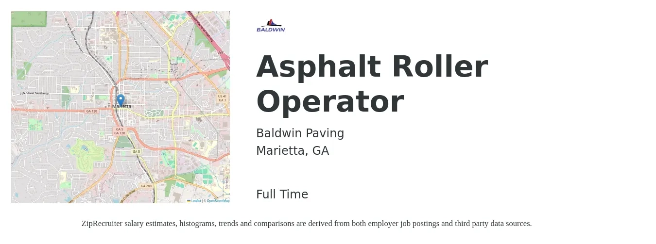 Baldwin Paving job posting for a Asphalt Roller Operator in Marietta, GA with a salary of $21 to $24 Hourly with a map of Marietta location.