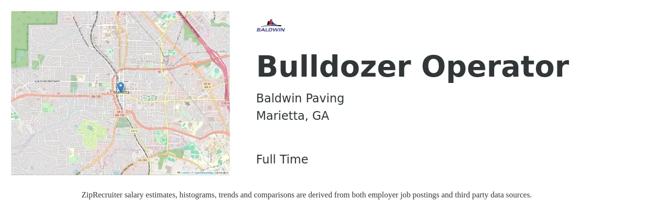 Baldwin Paving job posting for a Bulldozer Operator in Marietta, GA with a salary of $18 to $24 Hourly with a map of Marietta location.