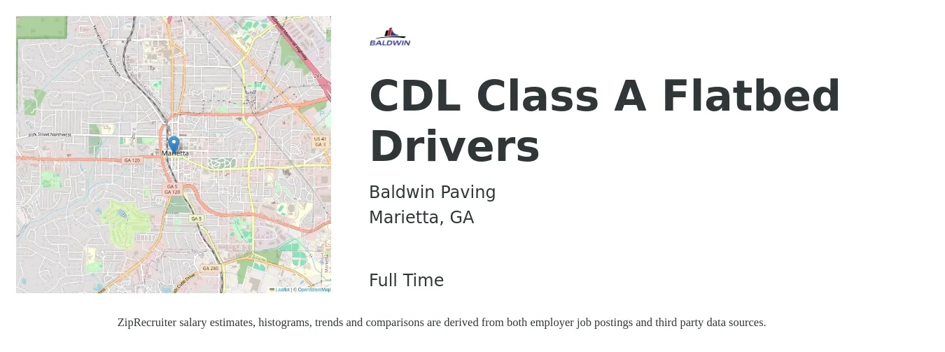 Baldwin Paving job posting for a CDL Class A Flatbed Drivers in Marietta, GA with a salary of $22 to $25 Hourly with a map of Marietta location.