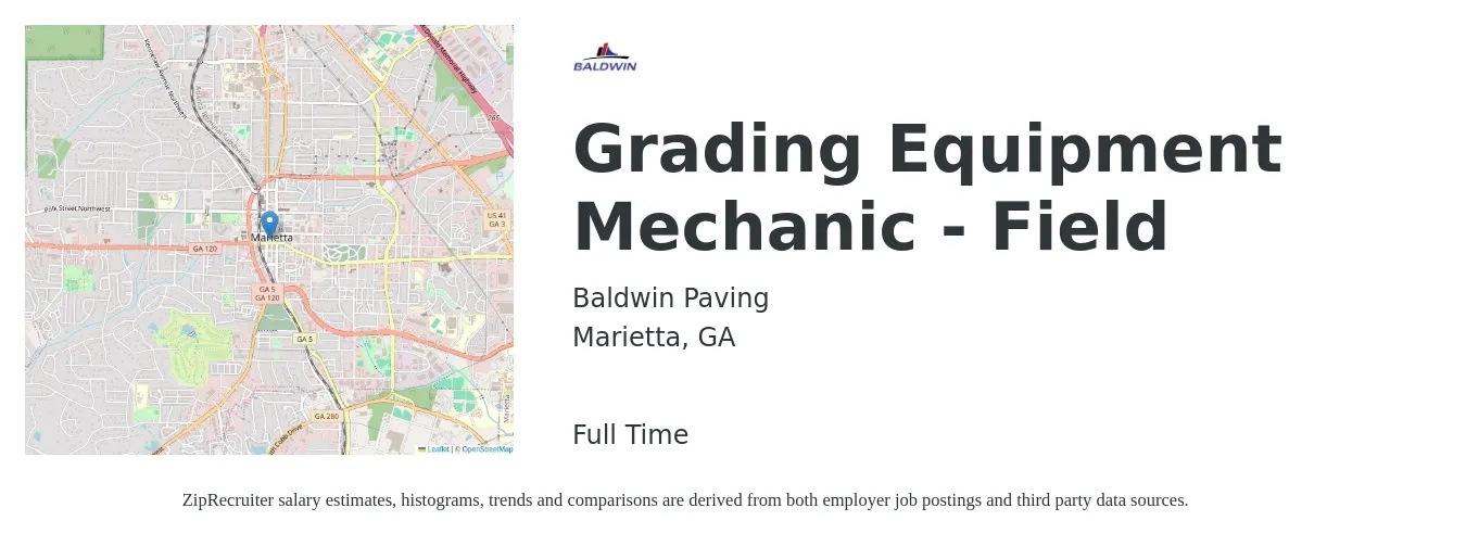 Baldwin Paving job posting for a Grading Equipment Mechanic - Field in Marietta, GA with a salary of $23 to $28 Hourly with a map of Marietta location.