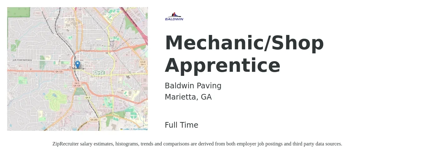 Baldwin Paving job posting for a Mechanic/Shop Apprentice in Marietta, GA with a salary of $20 Hourly with a map of Marietta location.
