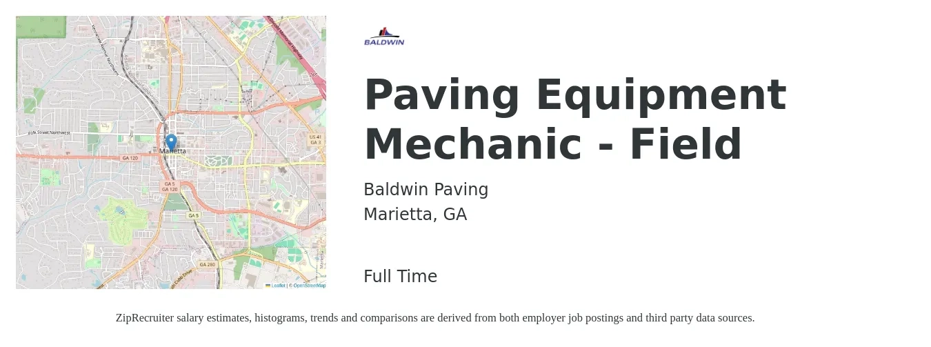 Baldwin Paving job posting for a Paving Equipment Mechanic - Field in Marietta, GA with a salary of $23 to $28 Hourly with a map of Marietta location.