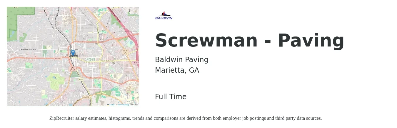 Baldwin Paving job posting for a Screwman - Paving in Marietta, GA with a salary of $21 to $24 Hourly with a map of Marietta location.