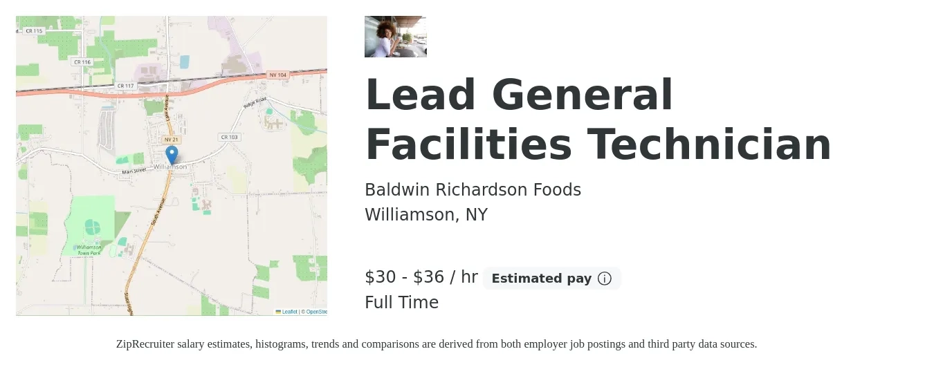 Baldwin Richardson Foods job posting for a Lead General Facilities Technician in Williamson, NY with a salary of $32 to $38 Hourly with a map of Williamson location.