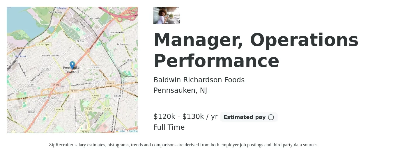 Baldwin Richardson Foods job posting for a Manager, Operations Performance in Pennsauken, NJ with a salary of $120,000 to $130,000 Yearly with a map of Pennsauken location.