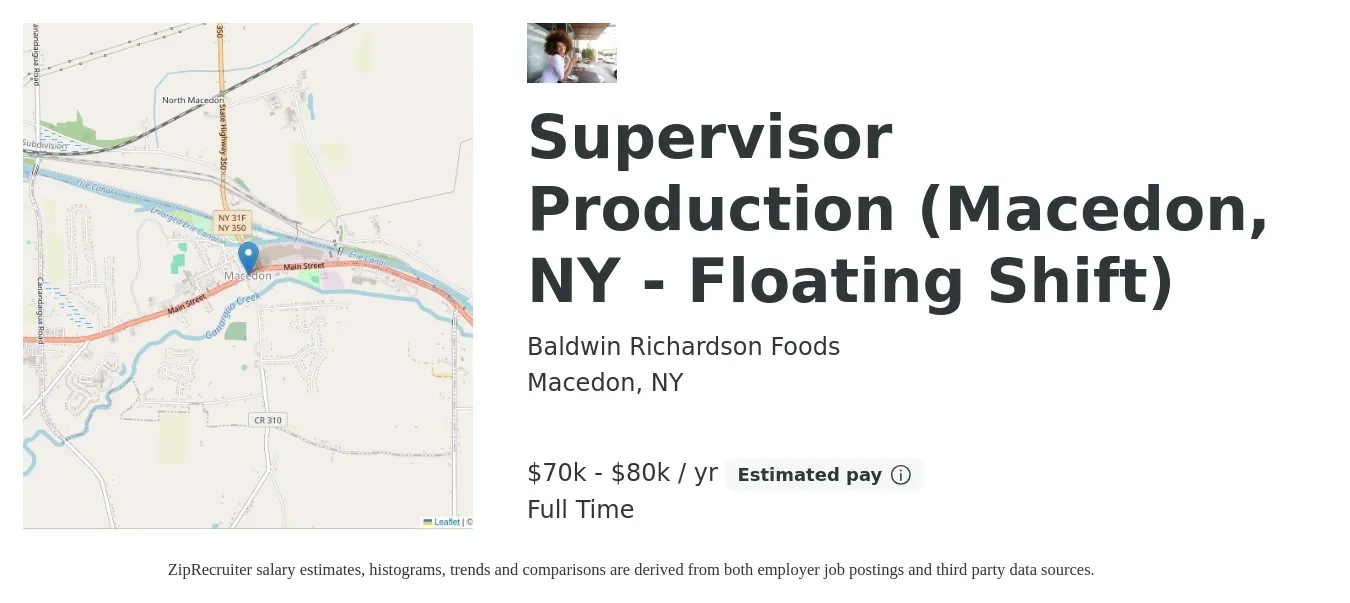 Baldwin Richardson Foods job posting for a Supervisor Production (Macedon, NY - Floating Shift) in Macedon, NY with a salary of $70,000 to $80,000 Yearly with a map of Macedon location.