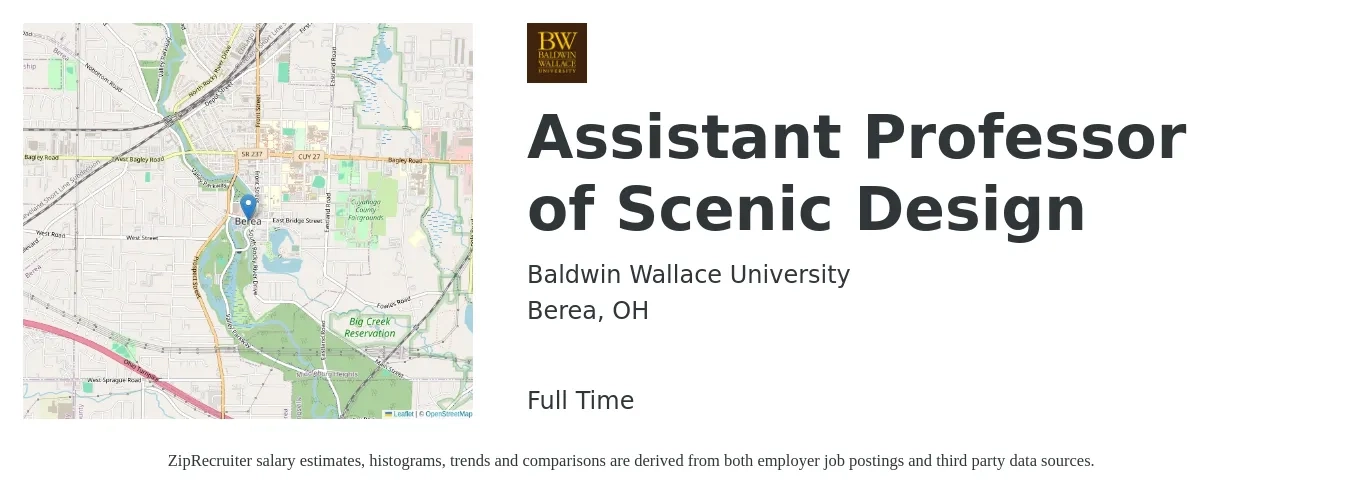 Baldwin Wallace University job posting for a Assistant Professor of Scenic Design in Berea, OH with a salary of $55,900 to $85,300 Yearly with a map of Berea location.