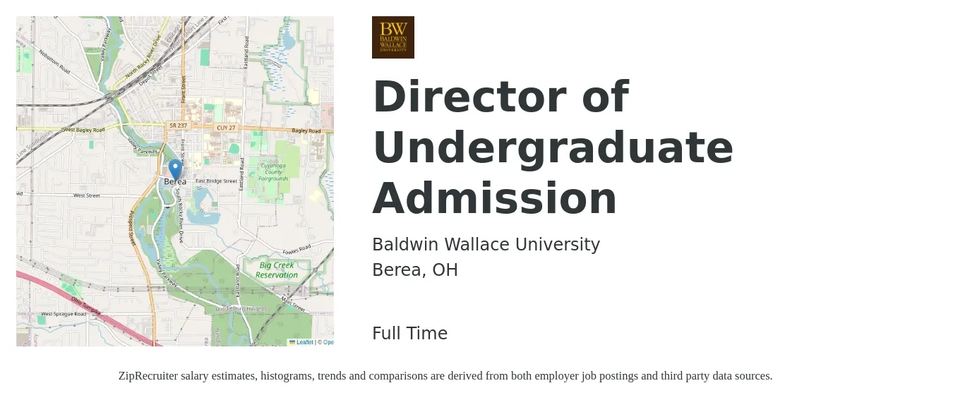 Baldwin Wallace University job posting for a Director of Undergraduate Admission in Berea, OH with a salary of $46,600 to $69,900 Yearly with a map of Berea location.