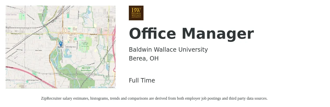 Baldwin Wallace University job posting for a Office Manager in Berea, OH with a salary of $37,300 to $55,000 Yearly with a map of Berea location.