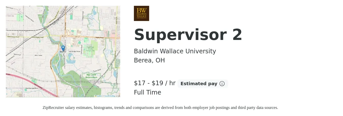 Baldwin Wallace University job posting for a Supervisor 2 in Berea, OH with a salary of $18 to $20 Hourly with a map of Berea location.