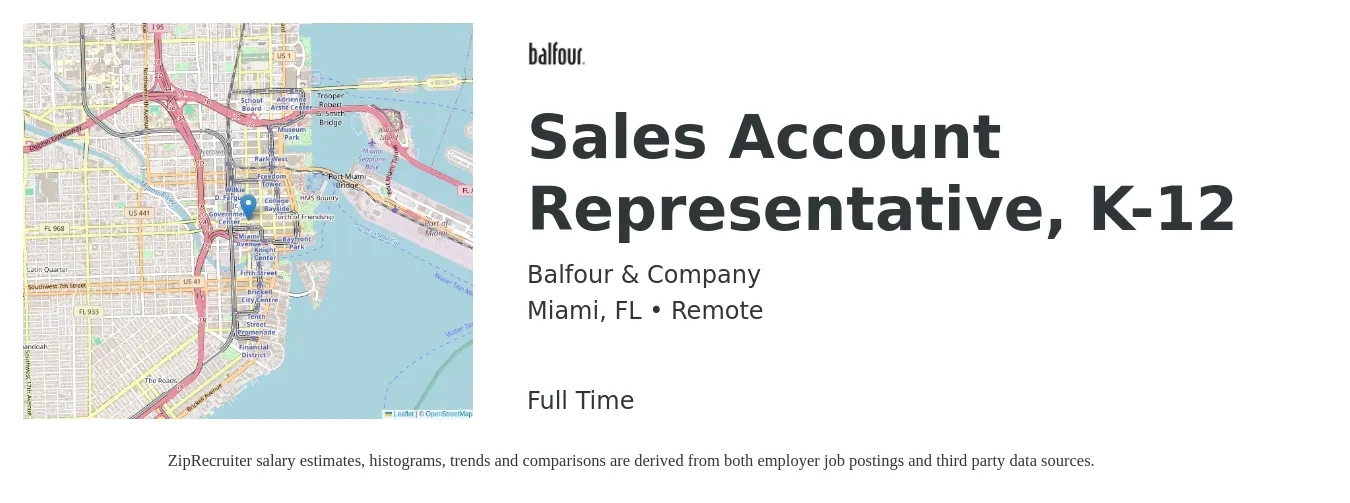 Balfour & Company job posting for a Sales Account Representative, K-12 in Miami, FL with a salary of $40,200 to $63,100 Yearly with a map of Miami location.