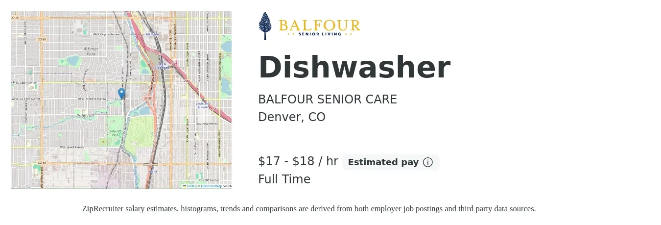 BALFOUR SENIOR CARE job posting for a Dishwasher in Denver, CO with a salary of $18 to $19 Hourly with a map of Denver location.