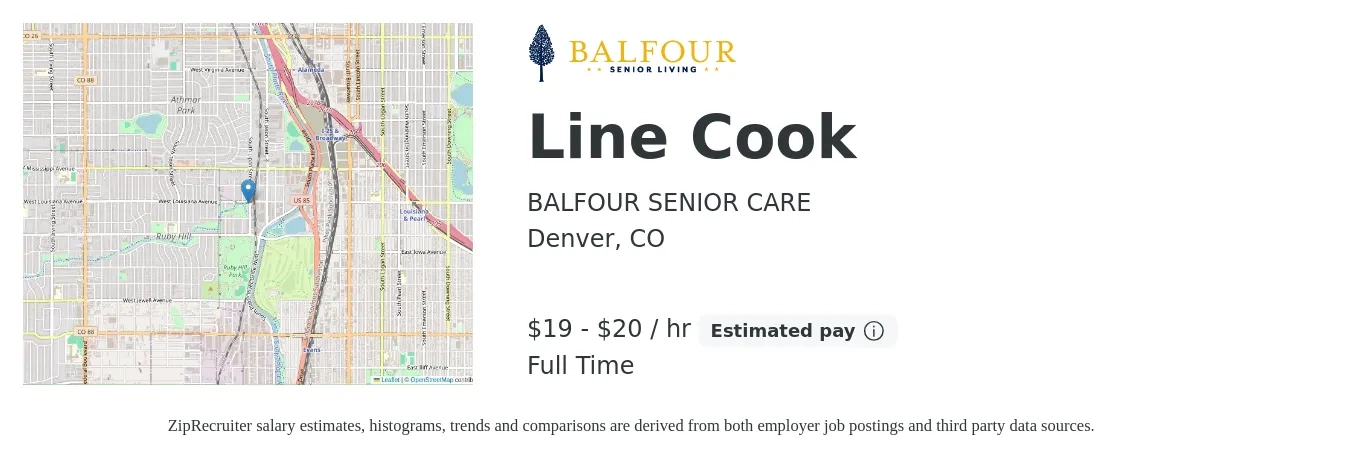 BALFOUR SENIOR CARE job posting for a Line Cook in Denver, CO with a salary of $20 to $21 Hourly with a map of Denver location.