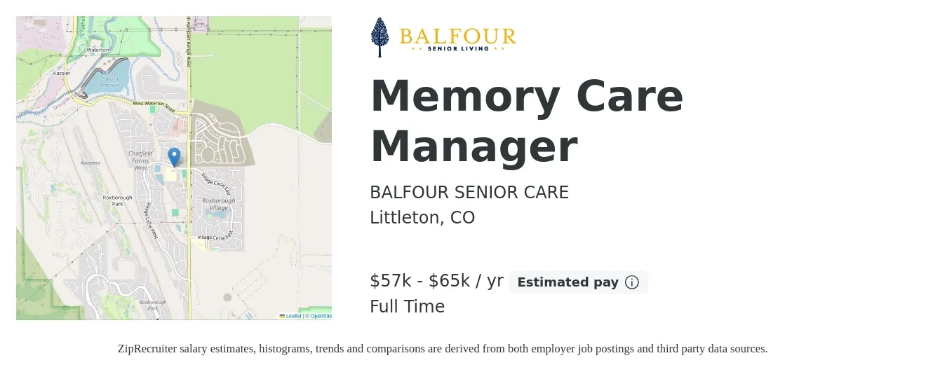 BALFOUR SENIOR CARE job posting for a Memory Care Manager in Littleton, CO with a salary of $57,000 to $65,000 Yearly with a map of Littleton location.