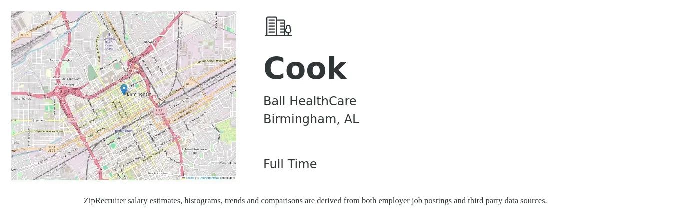 Ball HealthCare job posting for a Cook in Birmingham, AL with a salary of $13 to $18 Hourly with a map of Birmingham location.