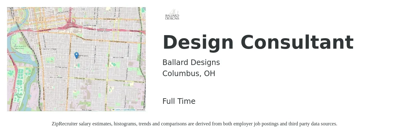 Ballard Designs job posting for a Design Consultant in Columbus, OH with a salary of $19 to $32 Hourly with a map of Columbus location.