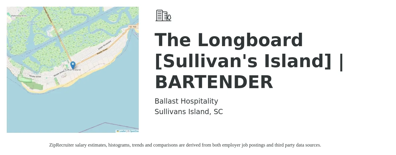 Ballast Hospitality job posting for a The Longboard [Sullivan's Island] | BARTENDER in Sullivans Island, SC with a salary of $200 to $300 Daily with a map of Sullivans Island location.