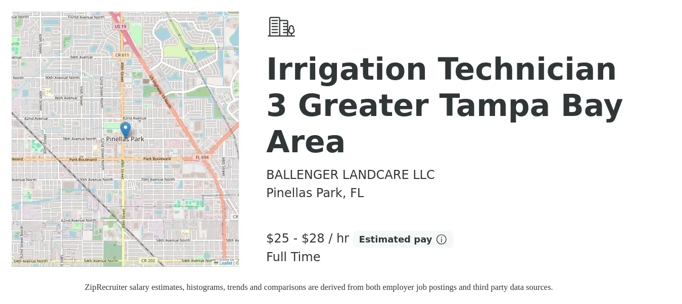 BALLENGER LANDCARE LLC job posting for a Irrigation Technician 3 Greater Tampa Bay Area in Pinellas Park, FL with a salary of $26 to $30 Hourly with a map of Pinellas Park location.