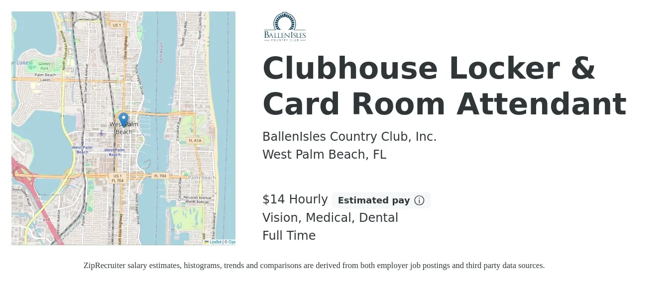 BallenIsles Country Club, Inc. job posting for a Clubhouse Locker & Card Room Attendant in West Palm Beach, FL with a salary of $15 Hourly and benefits including dental, life_insurance, medical, pto, retirement, and vision with a map of West Palm Beach location.