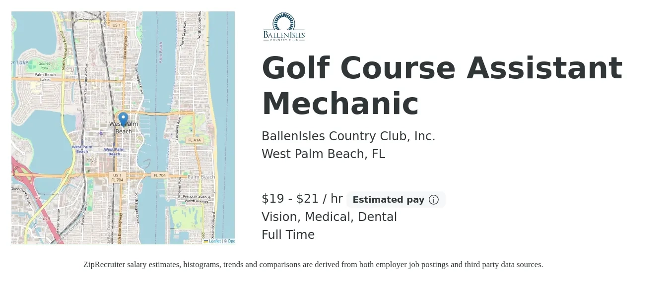 BallenIsles Country Club, Inc. job posting for a Golf Course Assistant Mechanic in West Palm Beach, FL with a salary of $20 to $22 Hourly and benefits including dental, life_insurance, medical, pto, retirement, and vision with a map of West Palm Beach location.