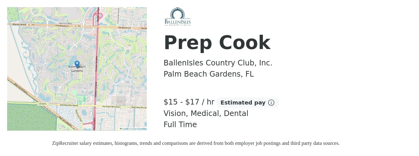 BallenIsles Country Club, Inc. job posting for a Prep Cook in Palm Beach Gardens, FL with a salary of $16 to $18 Hourly and benefits including dental, life_insurance, medical, pto, retirement, and vision with a map of Palm Beach Gardens location.