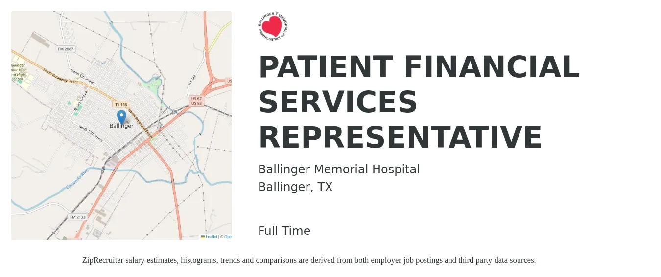 Ballinger Memorial Hospital job posting for a PATIENT FINANCIAL SERVICES REPRESENTATIVE in Ballinger, TX with a salary of $16 to $18 Hourly with a map of Ballinger location.