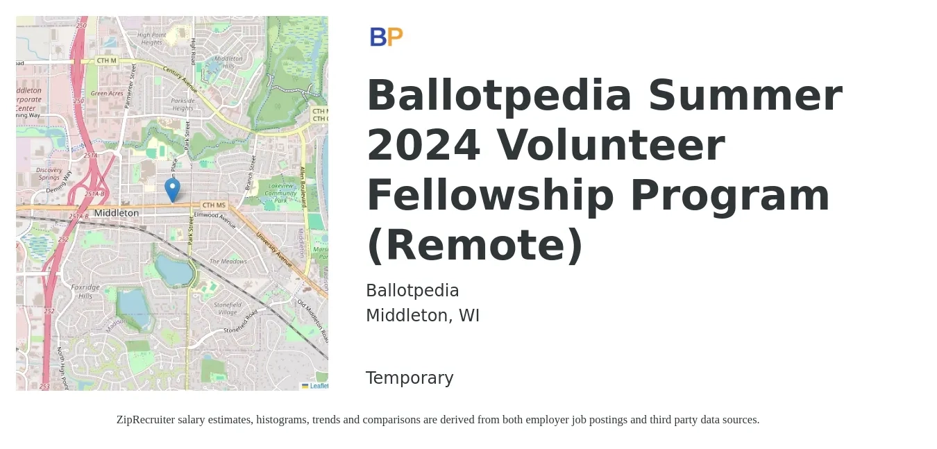 Ballotpedia job posting for a Ballotpedia Summer 2024 Volunteer Fellowship Program (Remote) in Middleton, WI with a salary of $116,400 Yearly with a map of Middleton location.